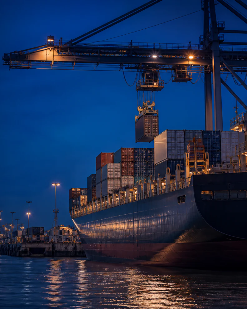 A container vessel beside port cranes in blue-hour light
