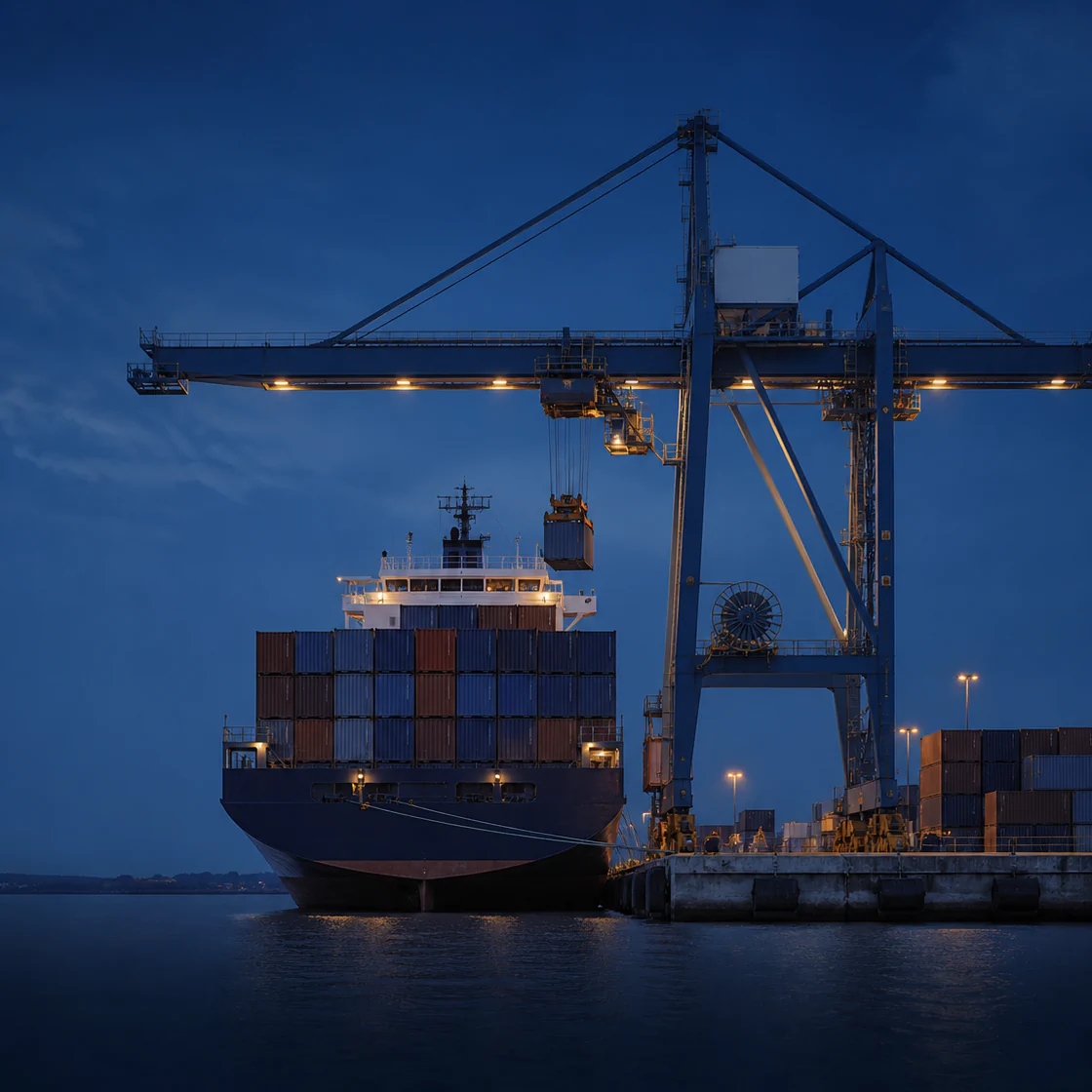 A container vessel and crane at a quiet blue-hour port