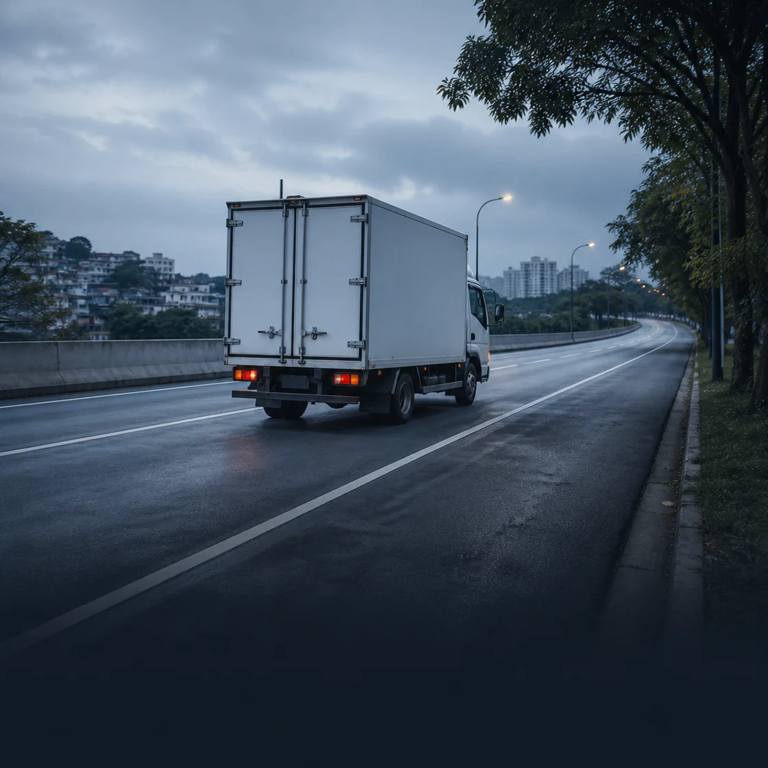 An unbranded cargo truck on a wet road