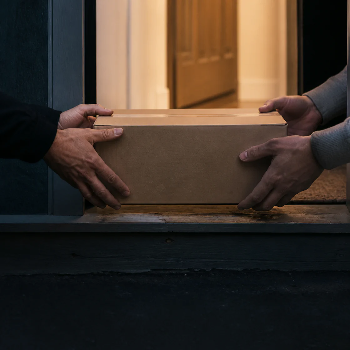 Two people carefully steadying a household box at a doorway